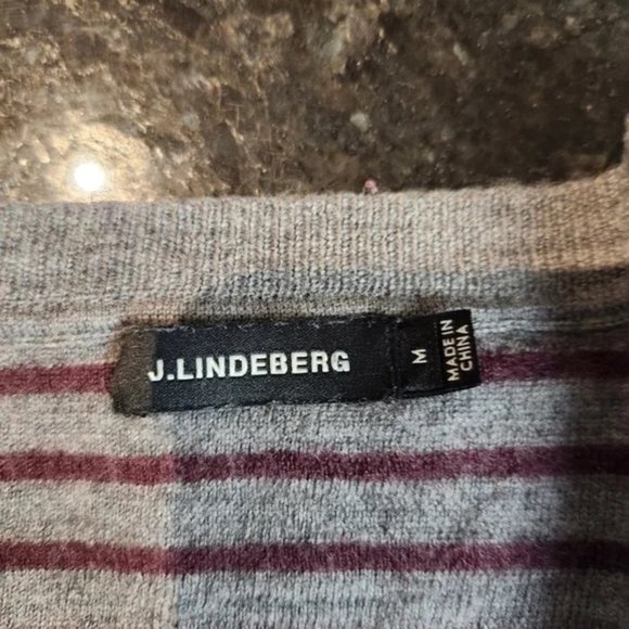 J. Lindeberg Striped Merino V-Neck Sweater - Gray/Maroon - Size: M - Picture 2 of 3